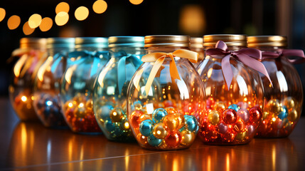 Balls, glass jars, decorations for New Year's parties.