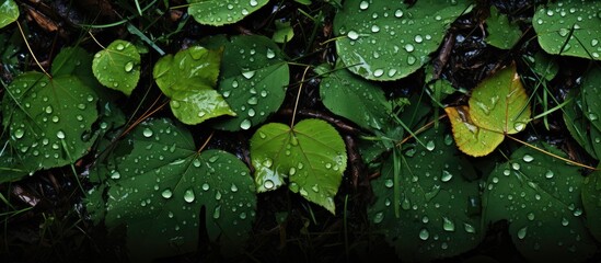 In the heavy autumn rain, the green grass was wet and glistening, its leaves covering the ground in a carpet of dampness, forming repetitive lines interrupted by drops trickling down; it was a long