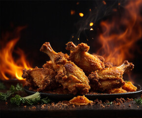 Fried Chicken Wings on a Dark Backdrop with Flames 