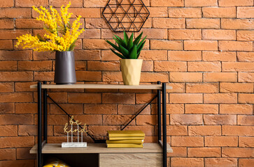 Shelving unit with different houseplants and books near brown brick wall