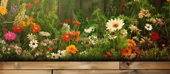 In the serene summer landscape, amidst the lush green grass and vibrant floral garden, a wooden background adds a rustic touch to the design of the colorful flower card, highlighting the natural
