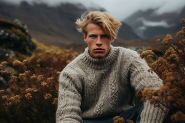Men's fashion, portrait of a handsome Caucasian guy model in a warm knitted gray sweater posing in nature and looking at camera - obrazy, fototapety, plakaty