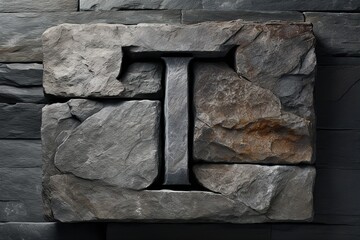 The letter T in stone against a background of cobblestones. Rough natural font alphabet
