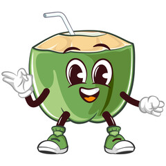 coconut drink character mascot with a straw with a funny face giving an okay sign, isolated cartoon vector illustration. emoticon, cute coconut mascot