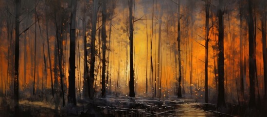 serene night of the forest, a grill crackled and spat fire, enveloped in a swirling haze of smoke, casting abstract shadows against the black backdrop. The vibrant orange and flickering light danced - obrazy, fototapety, plakaty