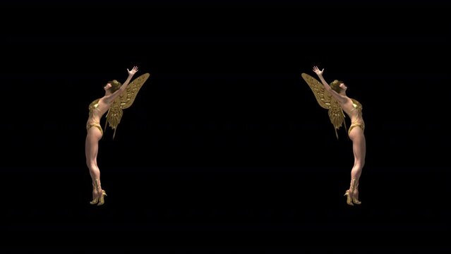 Two Golden Butterfly Showgirls - Dancing Loop - LS - Alpha Channel - Artistic 3D animation isolated with alpha channel on transparent background