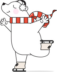 The cute cartoon bear is happily ice skating while wearing a red and white striped scarf