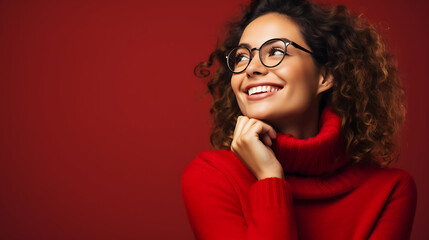 Portrait of happy smiling young woman in red sweater and eyeglasses over red background