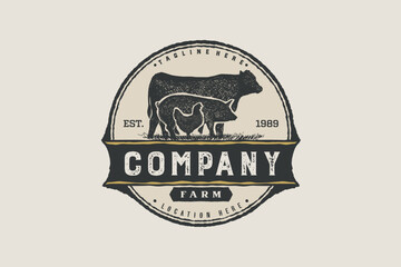 Cattle logo vector design. Farm animal logo template. angus, pig and chicken Texture vector illustration concept - obrazy, fototapety, plakaty