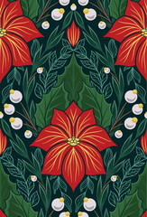 Vector decorative holiday pattern with poinsettia flowers. Seamless tracery texture with Christmas flower starts with foliage,