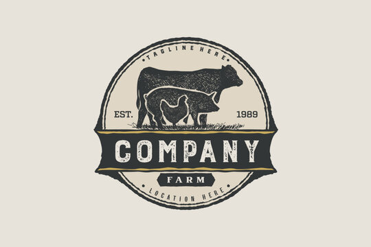 Cattle logo vector design. Farm animal logo template. angus, pig and chicken Texture vector illustration concept