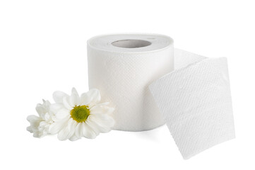 Roll of toilet paper and chamomile flowers on white background