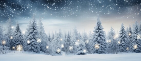 beautiful winter forest, with a white snowy background, a Christmas tree stands tall, adorned with sparkling lights, reflecting the beauty of nature. It creates a magical celebration, where the