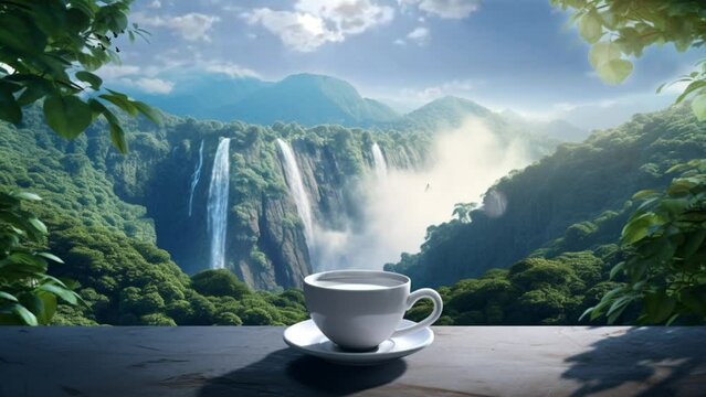 A cup of coffee on the table with a beautiful view of the waterfall. seamless looping video animation background, anime or cartoon style