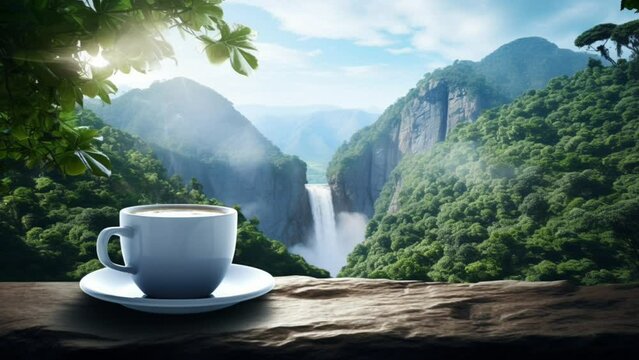 cup of coffee on a table with butterflies and birds, while enjoying the beautiful view of waterfalls and lush green forests. seamless looping virtual video animation background. Generated with AI