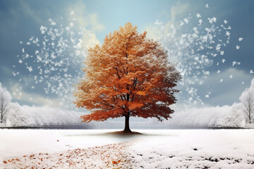 eye catching summer and winter tree concept with snow beautiful view