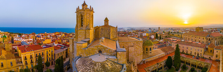 Aerial view of the Primatial Cathedral of Tarragona, a Roman Catholic church in Tarragona,...