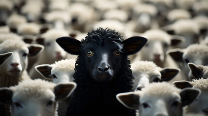 A black sheep surround with normal white sheep metaphor to be outstanding or unique