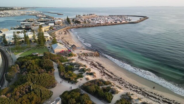 Aerial of Bathers Beach, also known as Whalers Beach, section of coastline that has a written history since the European settlement of Fremantle, Western Australia.