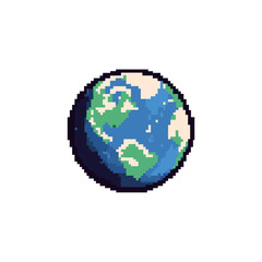earth icon vector illustration in pixelated, retro, 8 bit, pixel art