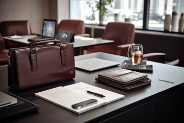 decent and elegant office view with laptop and office bags, eye catching working place ideas