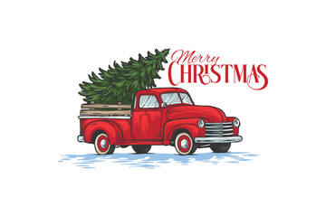 vector illustration of retro pickup truck with Christmas tree. writing of merry Christmas greetings - obrazy, fototapety, plakaty