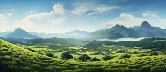 In the stunning Asian landscape, a lush green garden unfolds with magnificent mountain views, where tea leaves thrive in a beautiful farm, embracing the art of cultivation and agricultural practices
