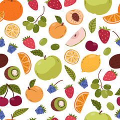 Seamless vector pattern with fruits and berries, juicy apricot, apple, strawberry, grapes, kiwi fresh natural vitamin