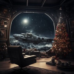 Naklejka premium a living room filled with furniture and a christmas tree, an epic space ship scene, sci fi engine room living room, sci fi setting, surreal sci fi set design, award winning scifi art, on the nostromo,
