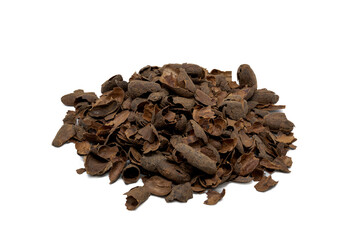 Cocoa husk to prepare infusion on white isolated background.