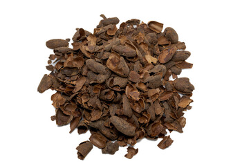 Cocoa husk to prepare infusion on white isolated background.