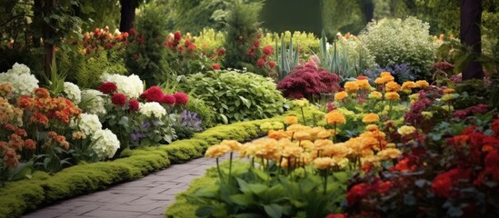 The floral beauty of the garden is enhanced by the stunning array of blooming flowers, making it a truly beautiful and natural display of flora.