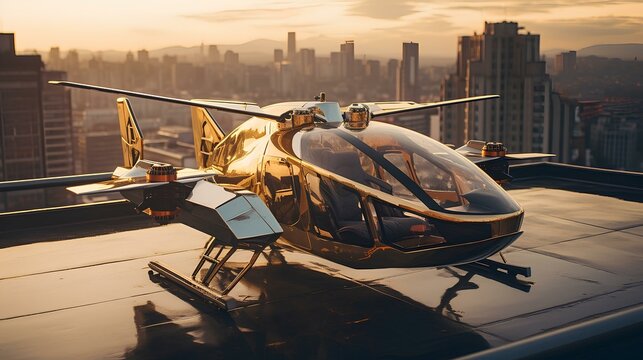 wide angle large view, a futuristic autogyro on the rooftops of a modern city, futurism, retro-futurism, sci-fi. generative AI