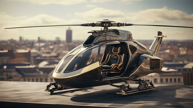 wide angle large view, a futuristic autogyro on the rooftops of a modern city, futurism, retro-futurism, sci-fi. generative AI