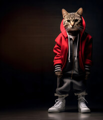 Creative animal concept. Tabby cat kitten kitty full body in hip hop stylish fashion isolated on dark background, commercial, editorial advertisement, surreal, copy text space	
 - obrazy, fototapety, plakaty