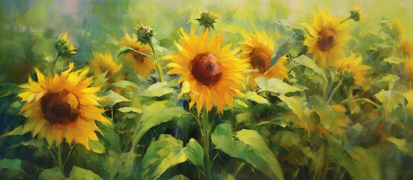 vibrant summer garden, the captivating beauty of nature unfolds, as sunflowers grace the background with their cheerful yellow petals in a sea of green grass and floral splendor, painting a vivid