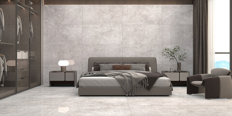 Grey bedroom interior, bed linens and pillows, front view, carpet and marble concrete floor near window with city view on Singapore. Cozy bedroom with large wardrobe, 3D Rendering