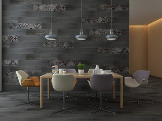 Modern interior design of room with dinning table and chairs, grey floor and gray decorative plaster wall, hanging lamps, cafe concept, dinning room interior background, 3D Rendering