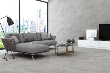 Dark living room interior with empty white poster, grey sofa, armchairs, coffee table and panoramic window wall to nice view. Concept of minimalist design. 3D Rendering