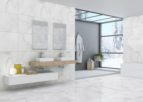 Interior of spacious bathroom with white and stone tiled walls, concrete floor, comfortable bathtub with water, double sink with mirror and window wall with snow view, hanging bathrobe. 3D Rendering