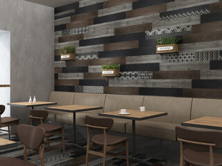 Modern Interior design of the restaurant and chair, wooden table, on the brick wall. 3D Rendering