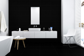 Corner of attic bathroom with black walls, concrete floor, comfortable white bathtub and white sink standing on white wooden shelf with square mirror. 3D Rendering
