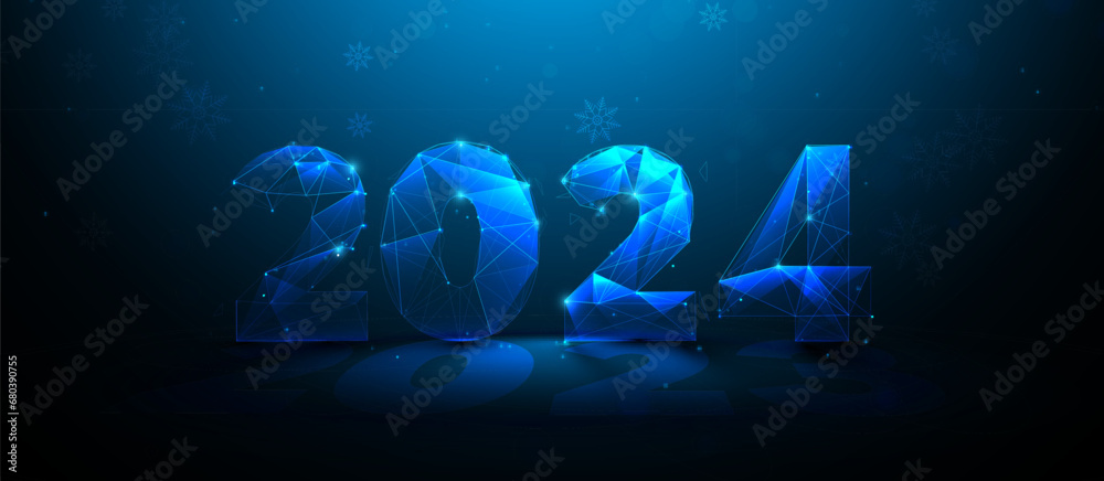 Leinwandbilder happy new year 2024. polygonal wireframe mesh lines and triangles, point connecting network on blue 