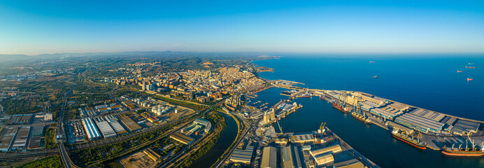 Aerial voew of the port of Tarragona, (Port de Tarragona), one of the largest seaports of Spain - obrazy, fototapety, plakaty