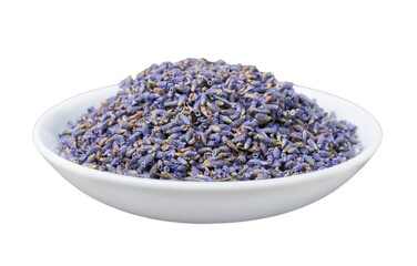 dry lavender flower isolated in bowl dish white background. pile of dry lavender flower isolated. heap of dry lavender flower for healthy tea isolated