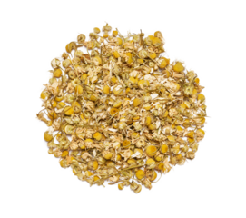 top view flat lay dry chamomile camomile flower leaves isolated on white background. pile of dry chamomile or camomile flower leaves isolated. dry chamomile or camomile flower leaves for healthy tea 