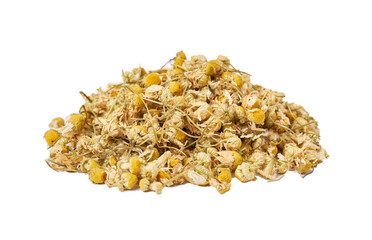 dry chamomile or camomile flower leaves isolated on white background. pile of dry chamomile or camomile flower leaves isolated. heap of dry chamomile or camomile flower leaves for healthy tea 