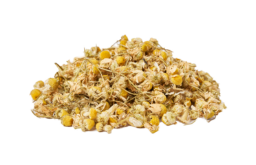 dry chamomile or camomile flower leaves isolated on white background. pile of dry chamomile or camomile flower leaves isolated. heap of dry chamomile or camomile flower leaves for healthy tea 