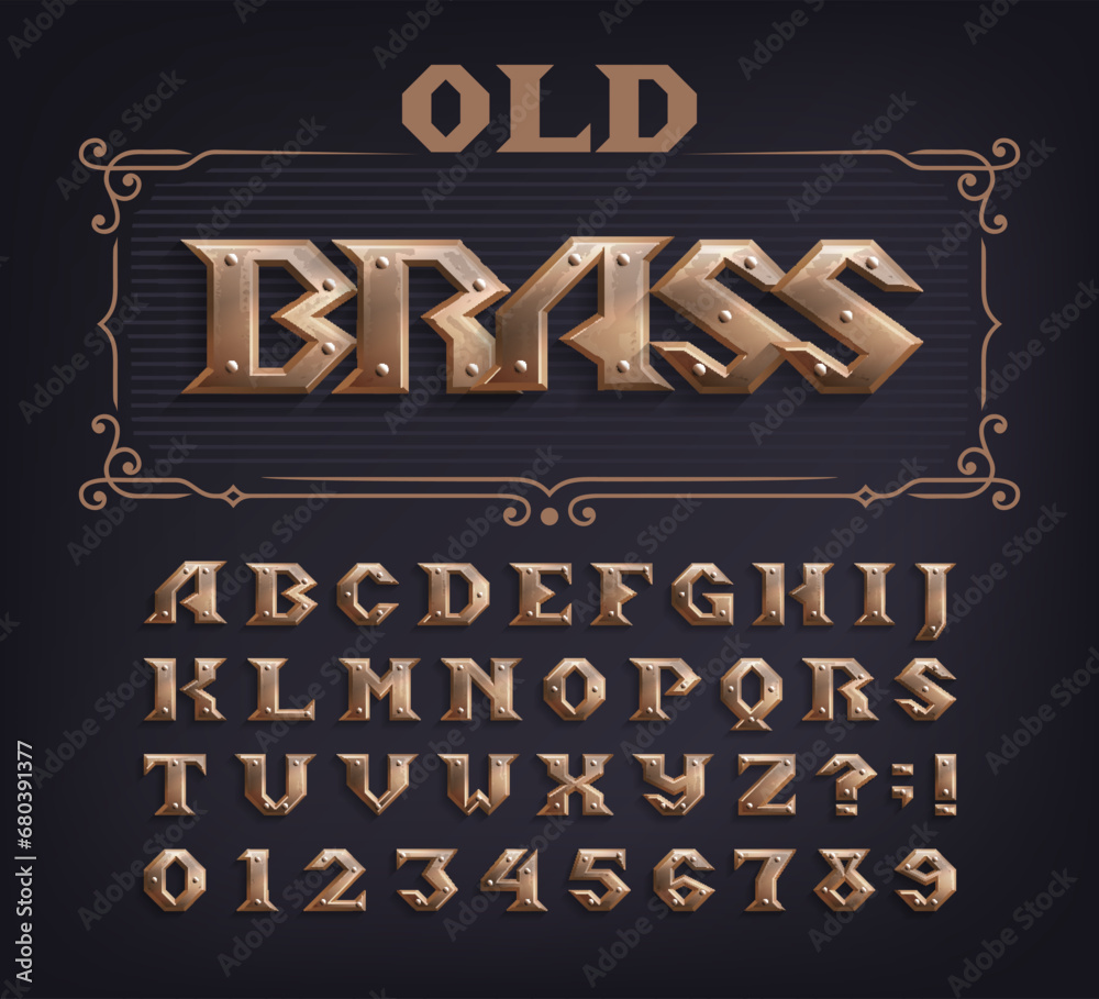 Fototapete old brass alphabet font. riveted letters and numbers. stock vector typeface for your design.