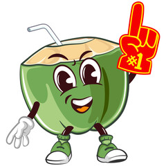 coconut drink character mascot with a straw with a funny face raising his foam finger up, crowned and carrying a magic wand, isolated cartoon vector illustration. emoticon, cute coconut mascot